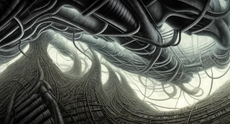 city of merging organic forms, creeping cables and pipes , in style of Dan Seagrave, H. R. Giger, Zdzisław Beksiński with cinematic lighting, background cloud storm inspired by jeffrey smith