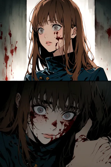 a girl with short brown hair, with bright gray eyes, her lips are pink, He wears the uniform from the anime Jujutsu Kaisen and his left arm has shiny black spots..., long hair, horror scene, There are blood stains on his face.