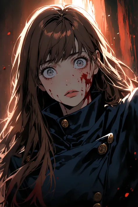 a girl with short brown hair, with bright gray eyes, her lips are pink, He wears the uniform from the anime Jujutsu Kaisen and his left arm has shiny black spots..., long hair, horror scene, There are blood stains on his face.