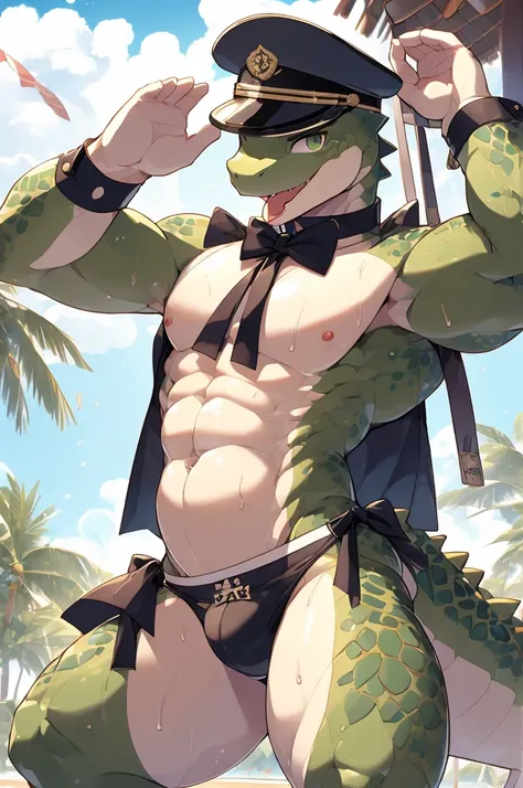 Highest quality、Sexy Baby Lizardman、Skimpy micro underwear、Shota、maleの子、male、Sweat、Embarrassing、Gay、Resort hotels、cute、Knee-high socks、frilled choker、Obscene language、Showing tongue、toplesagazine cover style illustration、bow tie、salute、military cap、Get a t...