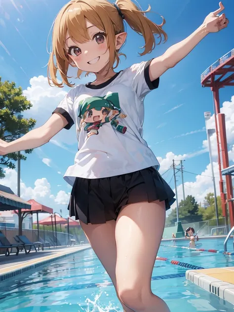 Amusement park pool,　whole body、(chibi-style), an little cute elf girl, over large size t-shirts, smile 