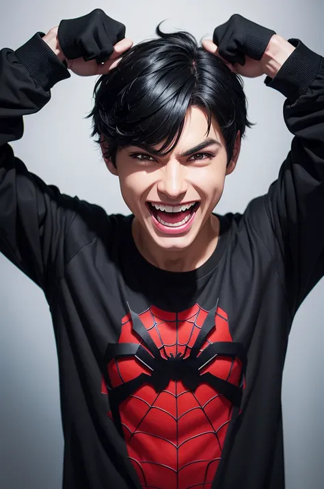 a male roblox character with black hair laughing face black shirt with an image in the center of spider man holding a music cover written rp all this on roblox 