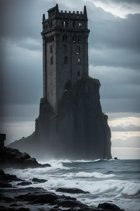 (Estilo Philippe Druillet), Dark fantasy surrealism, (Solteiro (distant) central frame of the subject, (tiny sea level flat rock island with simple crumbling brick watchtower), above view, high angle shot, ocean at midnight, dark theme, stormy moonless nig...