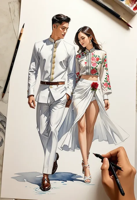 candid fashion illustration of two young man and women, 20-27 year old, adorned in a meticulously crafted North Thai traditional outfits, Thailand, ((showcase fashion Thai Lanna style in white cotton handwoven)), simple elegant style, The man wears a simpl...