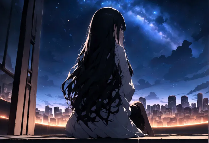 
masterpiece,Octane, null, star (null), scenery, starnull, night, One girl, night null, alone, Outdoor, building, cloud, milky way, Sitting, wood, Long Hair, city, silhouette, cityscape,masterpiece,32k