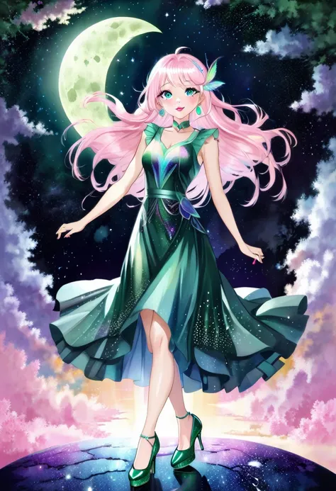 a mature elegant woman with long light pink hair and clear blue eyes, wearing a dark green sparkling elegant dress with a nature-inspired appearance, wearing bright purple high heels, with prismatic purple, green and white fairy wings, wearing pink lipstic...