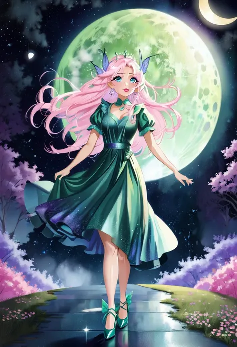 a mature elegant woman with long light pink hair and clear blue eyes, wearing a dark green sparkling elegant dress with a nature-inspired appearance, wearing bright purple high heels, with prismatic purple, green and white fairy wings, wearing pink lipstic...