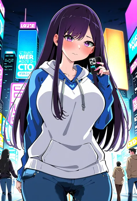 (masterpiece:1.37), best quality, (extremely detailed:1.37), woman, mature, adult, large breasts, very long hair, (straight hair:1.5), dark purple hair, purple eyes, (extremely detailed eyes:1.37), hoodie, jeans, desperation, (wetting: self 3.0), standing,...