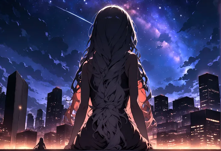 masterpiece, octane, sky, stars (sky), scenery, starry sky, night, one girl, night sky, alone, outdoors, buildings, clouds, milky way, sitting, trees, long hair, city, silhouette, city scape,masterpiece,32k