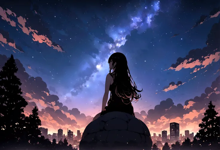 masterpiece, octane, sky, stars (sky), scenery, starry sky, night, one girl, night sky, alone, outdoors, buildings, clouds, milky way, sitting, trees, long hair, city, silhouette, city scape,masterpiece,32k