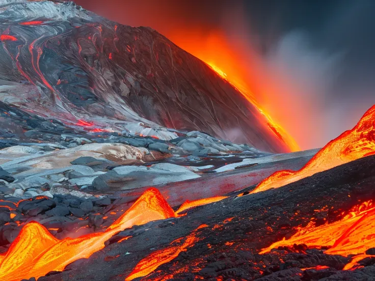 a dramatically erupting volcano spews molten lava and ash into the night sky. fiery lava flows down the sides of the dark, mount...