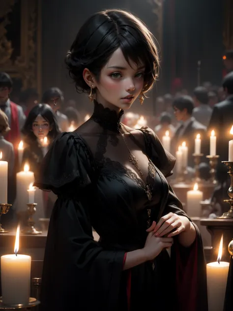 {-erro_de_anatomia:1.0} woman 30 years old, black victorian dress, brown eyes, black hair, short hair, bang, 1968s style, on the saloon, baile, looking at viwer, upper body, dark background, candles, witchcraft, dinamic poses, magic, potions, wearing red l...