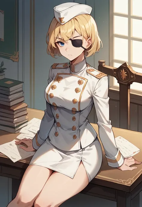 commander anime girl, white commander clothes, white mini skirt, 18 years old, tall, medium length blonde hair, blue eyes, eye patch, half of one arm is missing, sitting at the head of a treaty table, white commander hat, 8K