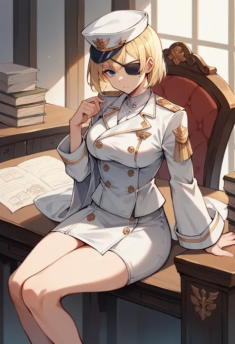 commander anime girl, white commander clothes, white mini skirt, 18 years old, tall, medium length blonde hair, blue eyes, eye patch, half of one arm is missing, sitting at the head of a treaty table, white commander hat, 8K