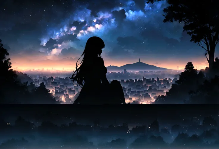 masterpiece, sky, stars (sky), scenery, starry sky, night, one girl, night sky, alone, outdoors, buildings, clouds, milky way, sitting, trees, long hair, city, silhouette, city scape,masterpiece,32k