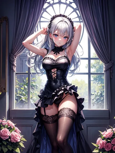 Highest quality,Highest Resolution,A beautiful girl with a shy face in a gothic leotard,High leg,Frills,Very beautiful eyes,Standing posture,whole body,front,Place your hands behind your head.,Bedroom,Night view outside the window,Knee-high stockings,