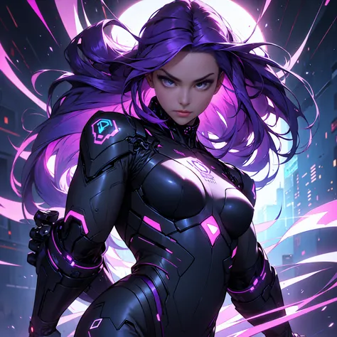 Beautiful cyber girl looking at camera, long purple hair detailed realistic masterpieces dynamic poses
