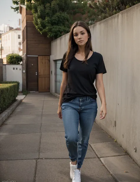 sexy young girl, with good body, dark brown hair, Brown eyes, black shirt, blue jeans, white tennis shoes, walking