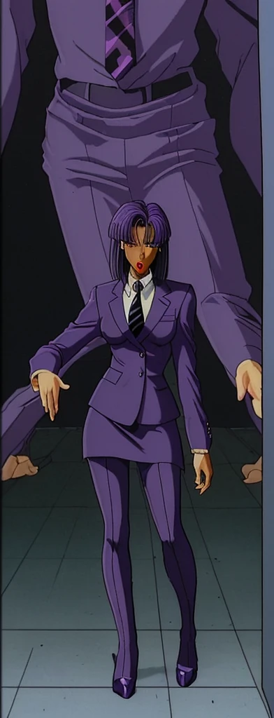 90s style skinny Anime Evil black skinned business woman in a purple military skirt suit with a tie on