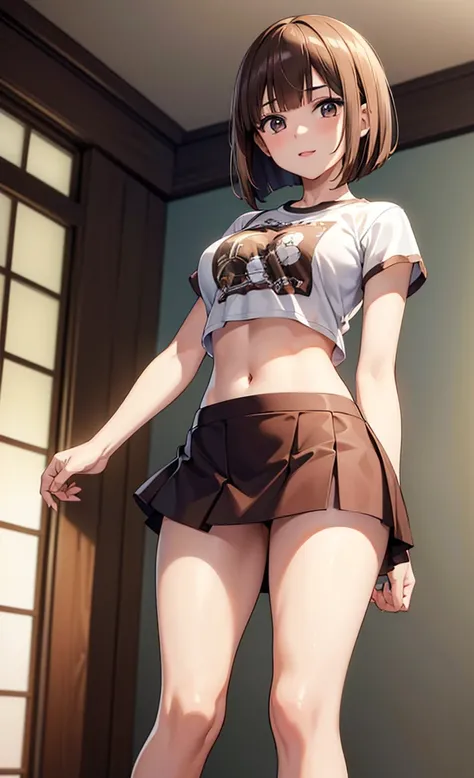 masterpiece, best quality, ultra detailed, ultra high resolution, very detailed face, solo, ((anime)), 22 years old japanese girl, (((t-shirt, croptop, short skirt))), ((brown bob hair)), (((medium breast))), ((good mood)), standing in the room