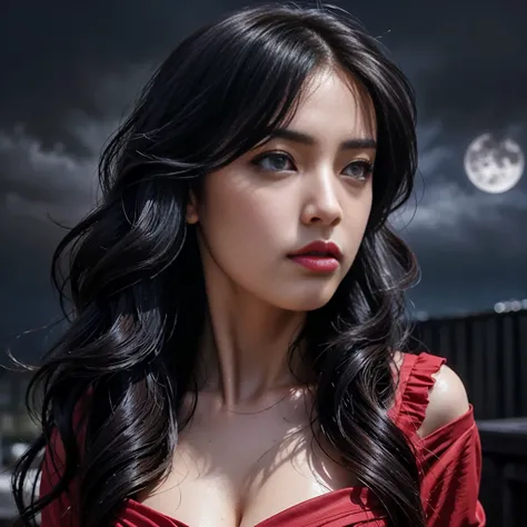 masterpiece, best quality,, sexy women, (colorful),(finely detailed beautiful eyes and detailed face),cinematic lighting,bust shot,extremely detailed CG unity 8k wallpaper,wavy hair,solo,angry face,red dress,((flying petal)), sky, cloudy_sky, building, moo...