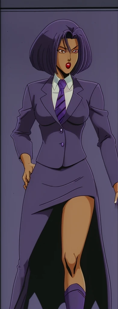 90s style skinny Anime Evil black skinned business woman in a purple military skirt suit with a tie on