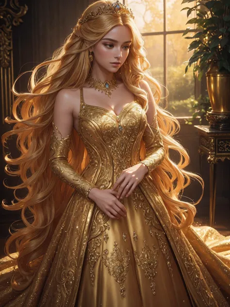 a beautiful princess, long golden dress, long golden hair, golden shoes, highly detailed, 8k, photorealistic, intricate details, elegant, radiant, glowing, warm lighting, natural lighting, studio lighting, lush environment, detailed background, fantasy lan...