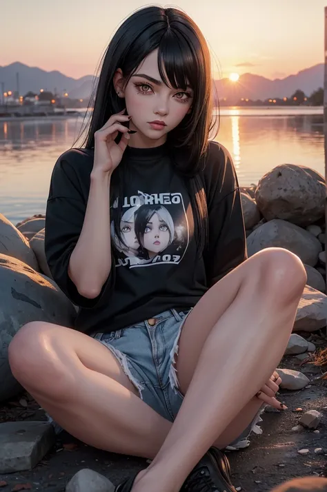 woman with black hair, grey-eyed, Caucasian skin, lying surrounded, grunge style, bangss, small eyes, Bela , 8K, white wigs,SUNSET, 2000s, toned full body