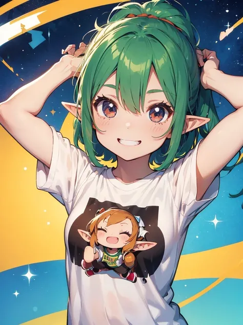 (chibi-style), an little cute elf girl, ((over large size t-shirts)), smile 