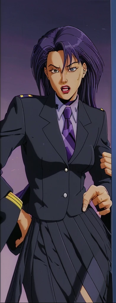 90s style skinny Anime Evil black skinned business woman in a purple military skirt suit with a tie on