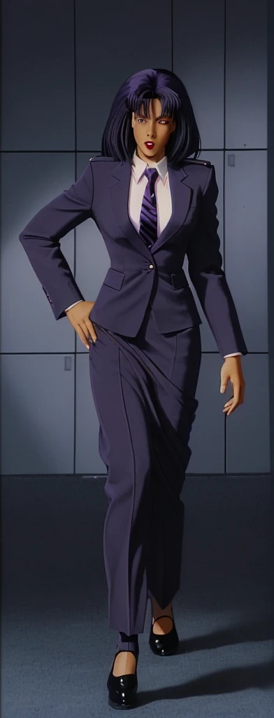 90s style skinny Anime Evil black skinned business woman in a purple military skirt suit with a tie on