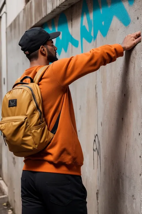 (Foto RAW de cuerpo intero), (two men with their backs turned) (naked ass) (show their ass) withtra una (pared de withcreto with grafiti). They both carry (backpacks) and (Casual clothes). The man on the left wears a (brown sweatshirt) and (black shorts). ...