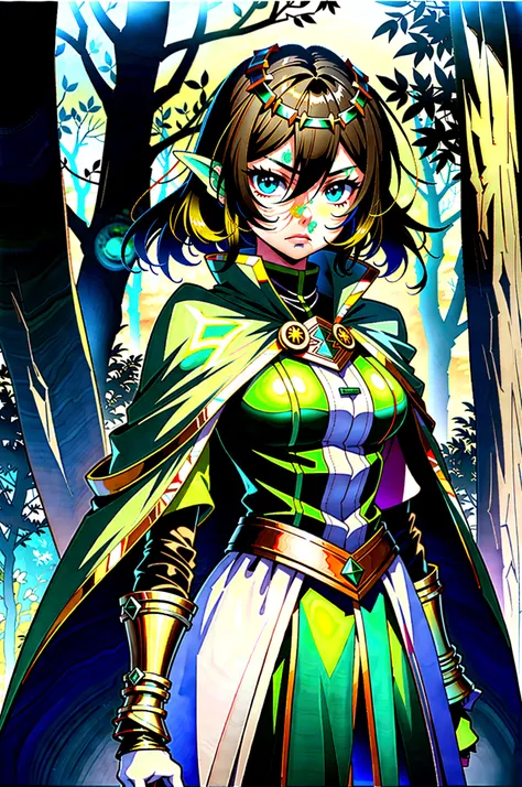 yuichiro hyakuya girl, expressive eyes, 1 girl, black hair, green eyes, brown coat, gray armor, elves, sylvan, green cloak, dark brown gloves, forest, fur trim, anime, standing, good quality, portrait, looking at viewer