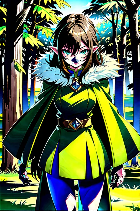 yuichiro hyakuya girl, expressive eyes, 1 girl, black hair, green eyes, brown coat, gray armor, elves, sylvan, green cloak, dark brown gloves, forest, fur trim, anime, standing, good quality, portrait, looking at viewer