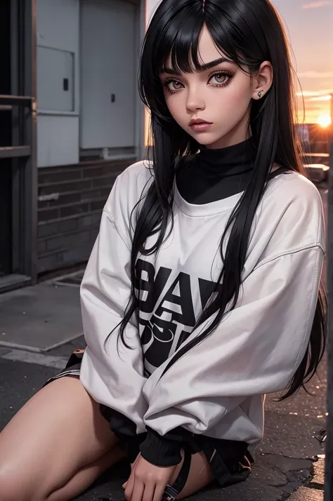 woman with black hair, grey-eyed, Caucasian skin, lying surrounded, grunge style, bangss, small eyes, Bela , 8K, white wigs,SUNSET, 2000s, toned full body