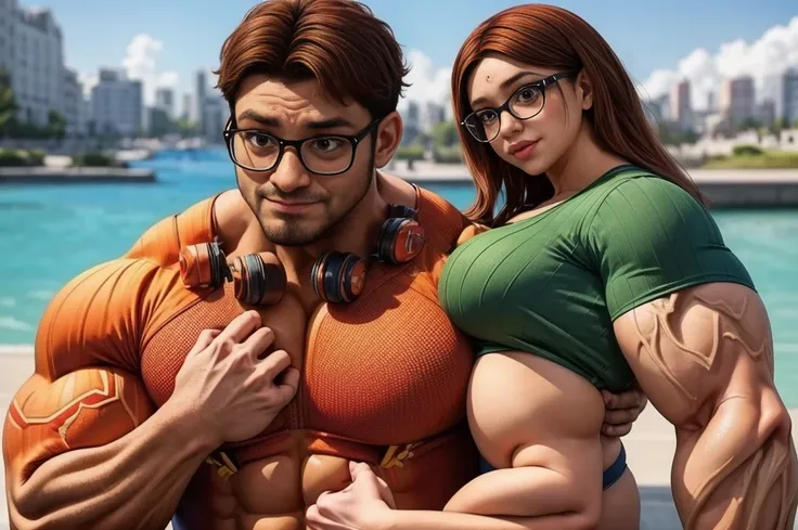 male Nino Lahiffe: Brown skin, dark hair, usually seen wearing a red cap, glasses,underwear, and a female Alya Césaire: Brown skin, curly dark brown hair, often wears glasses,bikini,muscular hyper-realistic bodybuilding couple, extremely detailed and muscu...