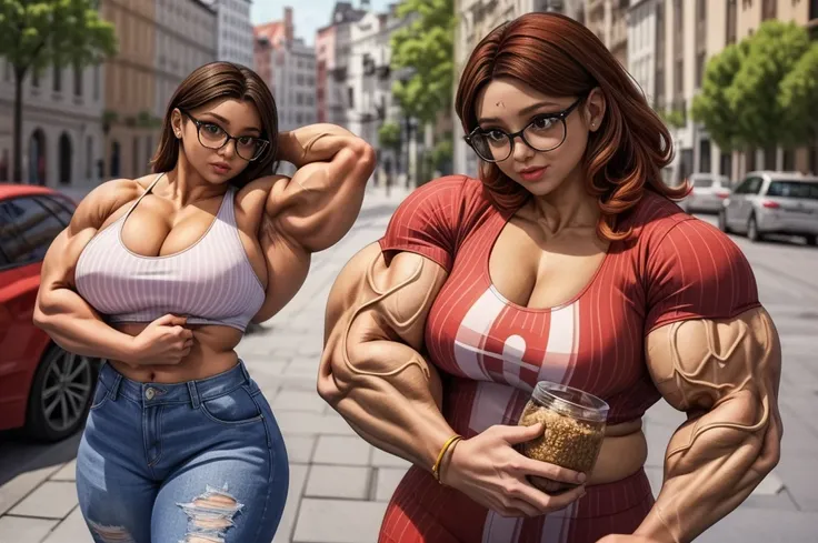 male Nino Lahiffe: Brown skin, dark hair, usually seen wearing a red cap, glasses,underwear, and a female Alya Césaire: Brown skin, curly dark brown hair, often wears glasses,bikini,muscular hyper-realistic bodybuilding couple, extremely detailed and muscu...