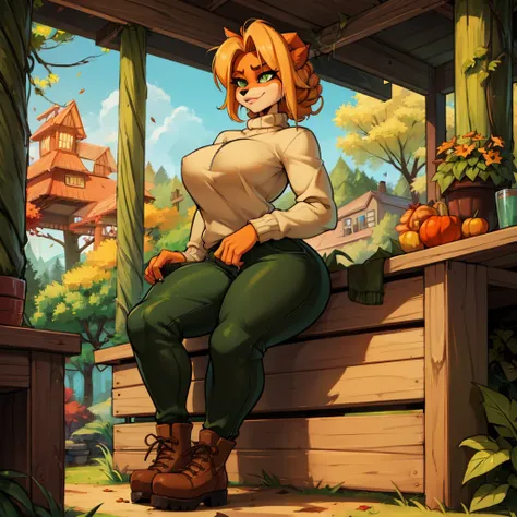 anthro bandicoot girl redhead, braided hair, beautiful green eyes, sexy ,seductive, warm sweater, , camouflage pants, army boots...