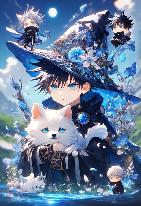 absurdres, highres, ultra detailed, HDR, master piece, Fushiguro Megumi chibi, black hair, expressive blue eyes, boy hugging a small wolf, white dog, expressive blue eyes, Jujutsu Kaisen, magical hat, cute, best quality, blue moon, flowers, fantasy, magica...