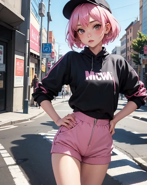 masterpiece,1 girl,alone,(((cutest girl ever)))、short hair,pink hair,Fashionable hoodies,mob cap, street,put your hands on your hips, put one&#39;Hand in hand&#39;pocket of,