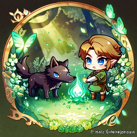 absurdres, highres, ultra detailed, HDR, master piece, best quality, extremely detailed, Link chibi, brown hair, expressive blue eyes, The Legend Of Zelda Twilight Princess, boy hugging a black wolf, cute, small, handsome, green tunic, magical, fantasy, ma...