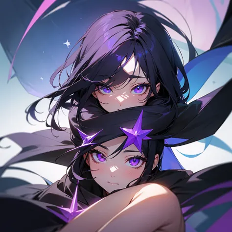 a woman with black and purple cloth cold beauty with black hair volet eyes and cute with perfect Nexus next with star with cute face showing the beautiful view all in anime 