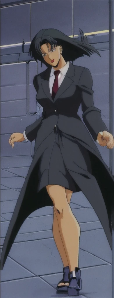 90s style Anime Evil black skinned business woman in a skirt suit 