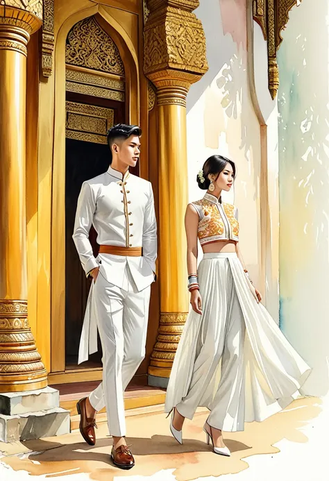 candid fashion illustration of two young man and women, 20-27 year old, adorned in a meticulously crafted north thai traditional...