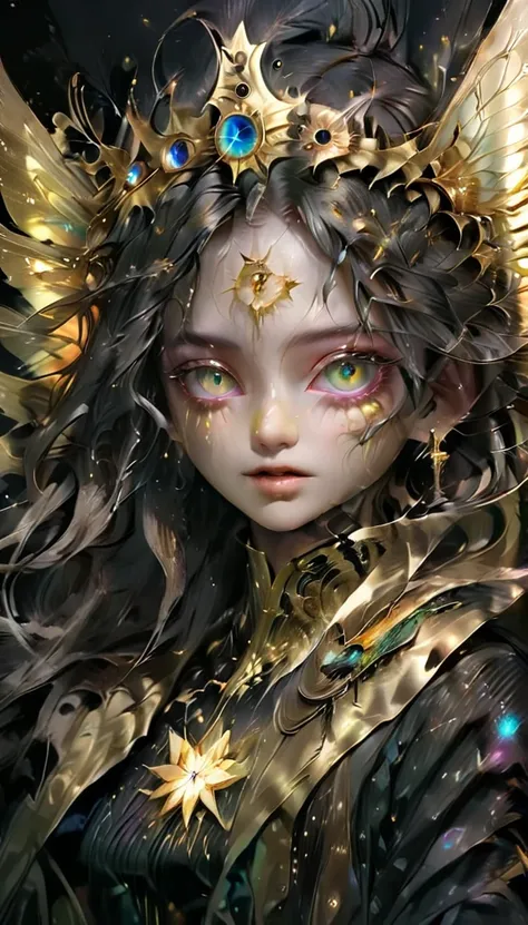 (Masterpiece, best quality:1.5), upper body, alone, close up, (conjunctivitis:1.1), Hair color inside, (gold trim:1.3), (Detailed eyes:1.3), Sparks, (dark background:1.4), (bioluminescence:1.2), coat, ribbed coat, (star shaped pupil:1.1)