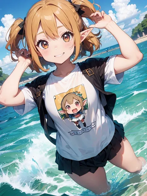 (chibi-style), in the sea, an little cute elf girl, over large size t-shirts, smile 