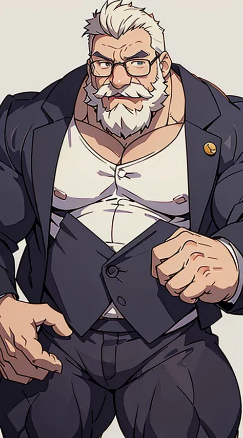 solo, 1boy, Huge Muscular Old man wearing suits and glasses, short white hair, bearded, mustache, office background, halfbody, looking to viewer, masterpiece, high detailed, 8k, high resolution