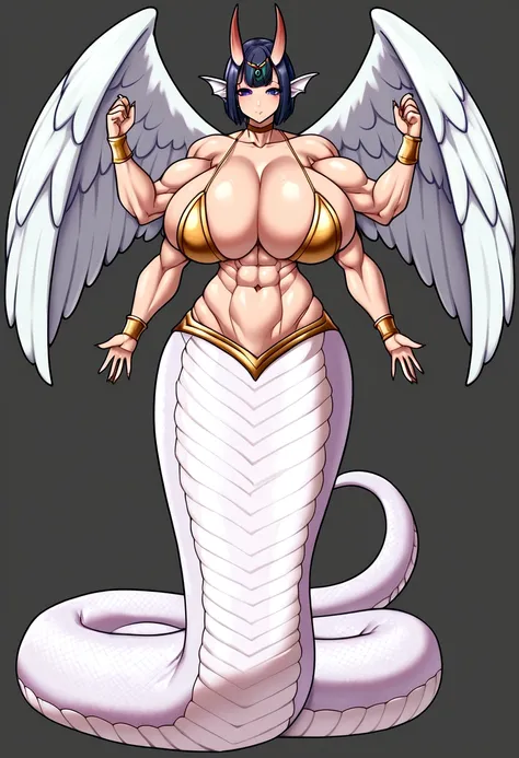 Shuten lamia, gigantic muscular body, gigantic lamia body with detailed fish scales, gigantic angel wings, fish fin ears, big breasts, 4 arms, full body.