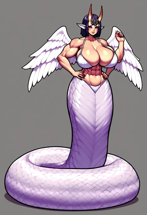 Shuten lamia, gigantic muscular body, gigantic lamia body with detailed fish scales, gigantic angel wings, fish fin ears, big breasts, 4 arms, full body.