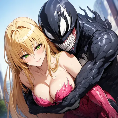 ((Highest quality)), ((masterpiece)), (detailed), （Perfect Face）、The woman is a female Venom named Tearju, a green-eyed, blonde, medium-long-haired female Venom, whose body has been completely transformed into Venom and who is wearing a Venom suit.、The wom...